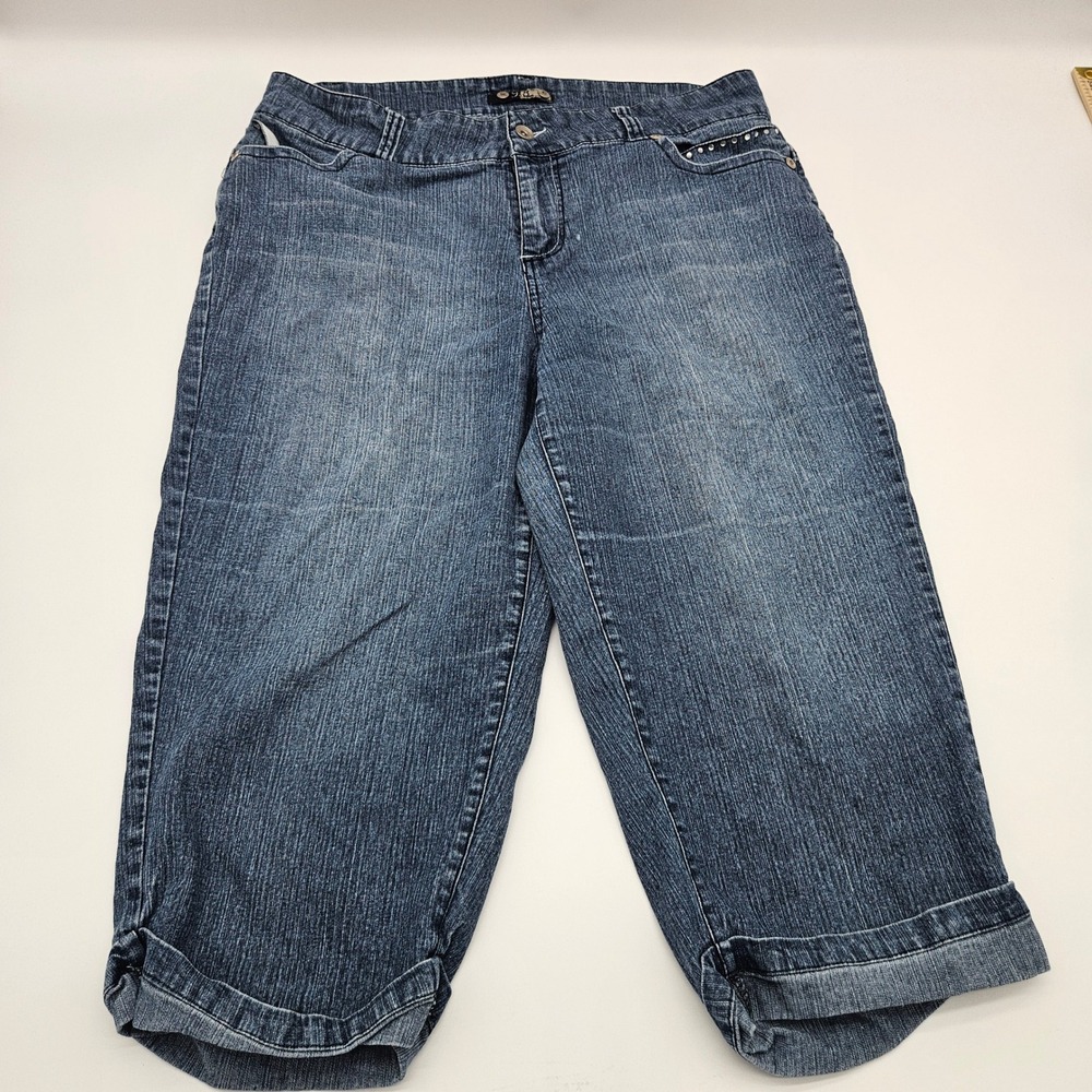 NineEight Jeans Womens Blue Denim Capri Pants Rhinestone Embellished Cuffed 16